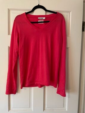 Jil Sander Long Sleeve V-Neck Top in Hot Pink